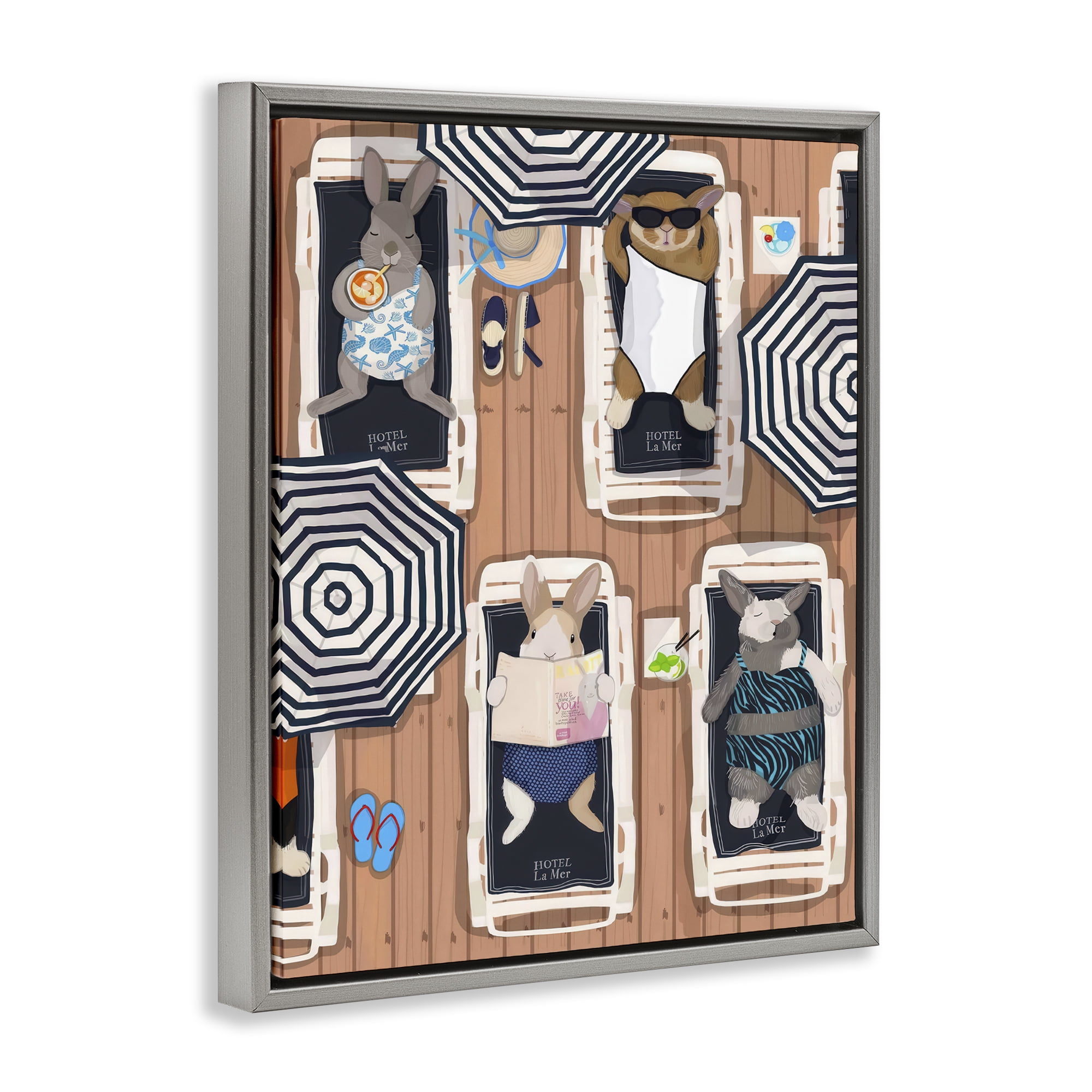 Stupell Industries Rabbits at Hotel La Mer Gray Framed Floater Canvas Wall Art, design by Hanna Melin