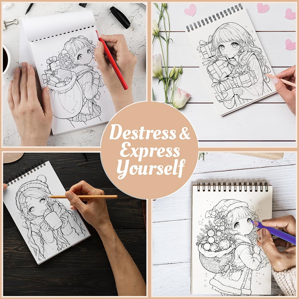 Netecom Kawaii Girls Christmas Coloring Book Spiral Bound for Adults, A5 Wooden Cover, 30 Joyful Coloring Pages of Anime Girls Enjoying the Xmas Holiday for Stress Relief and Relaxation