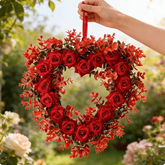15.7" Valentine's Day Wreath, Heart Shaped Artifiacl Rose Wreath, Wreaths for Front Door, Valentines Day Holiday and Wedding Decor