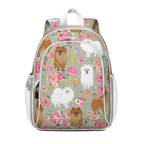 Pomeranian Dog and Flower Floral Backpack for School,Cute School Bag,Schoolbag with Adjustable Shoulder Straps & Padded Back,15"x11.42"x5.5"