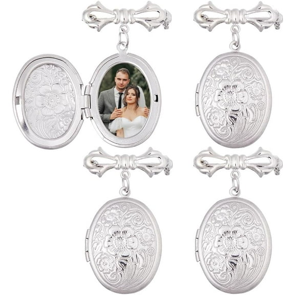 4Pcs Wedding Bouquet Photo Charm Silver Oval Photo Charm 304 Stainless Steel Bouquet Photo Locket Charms Bow Tie Wedding Memorial Brooches Pins DIY Pin Brooch Making for Bridal