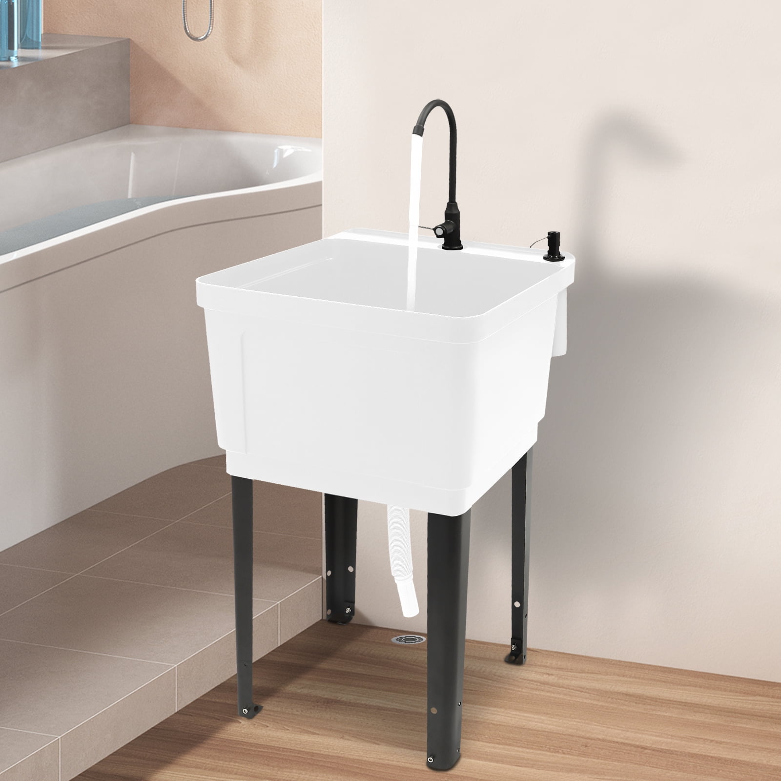 White Space Saver Utility Sink, Freestanding Space Saving Laundry Tub, Rotatable Faucet, Soap Dispenser