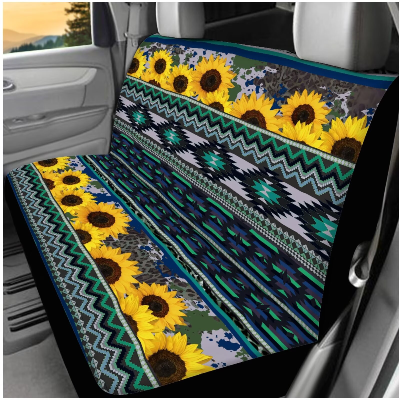 HUIACONG Aztec Sunflower Car Seat Covers Full Set with Steering Wheel Cover Center Console Cover Seat Belt Pads Coasters Headrest Cover Keychain 14 Pcs Universal Car Accessories Interior Green