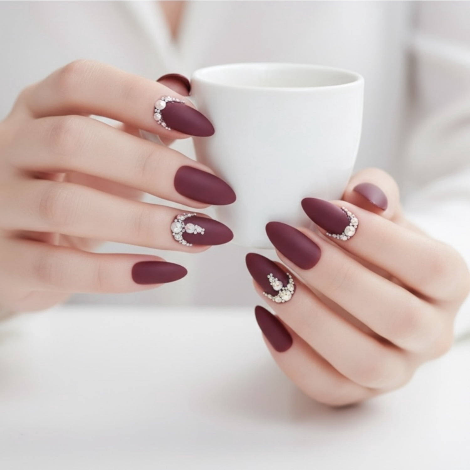 Matte Dark Red Burgundy 3D Crystal Press On Nails, Long Stiletto Fake Nails, Prestige Passion