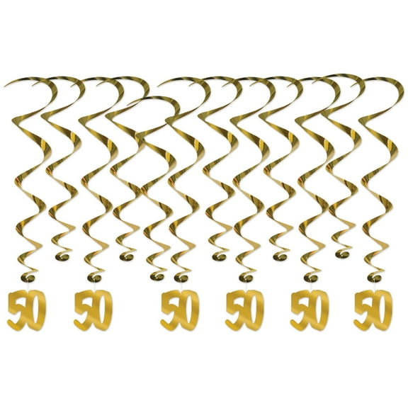 Beistle Pack of 12 Gold “50” Anniversary Whirls - 25.5”