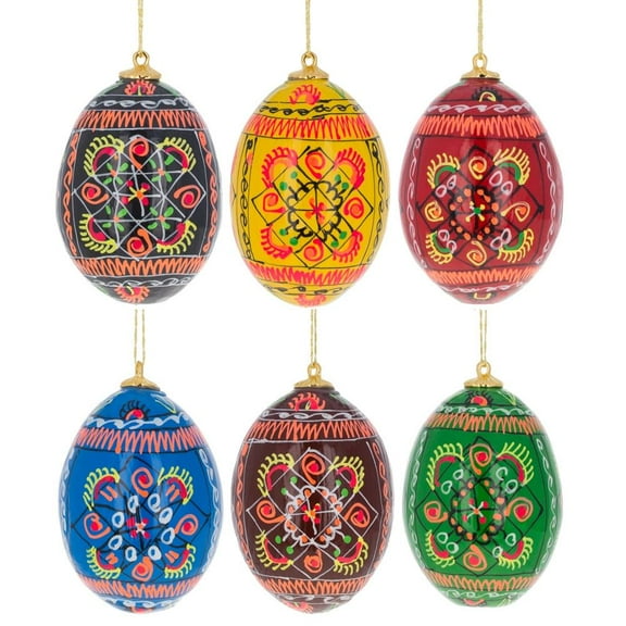 Set of 6 Ukrainian Geometric Wooden Pysanky Easter Eggs Ornaments