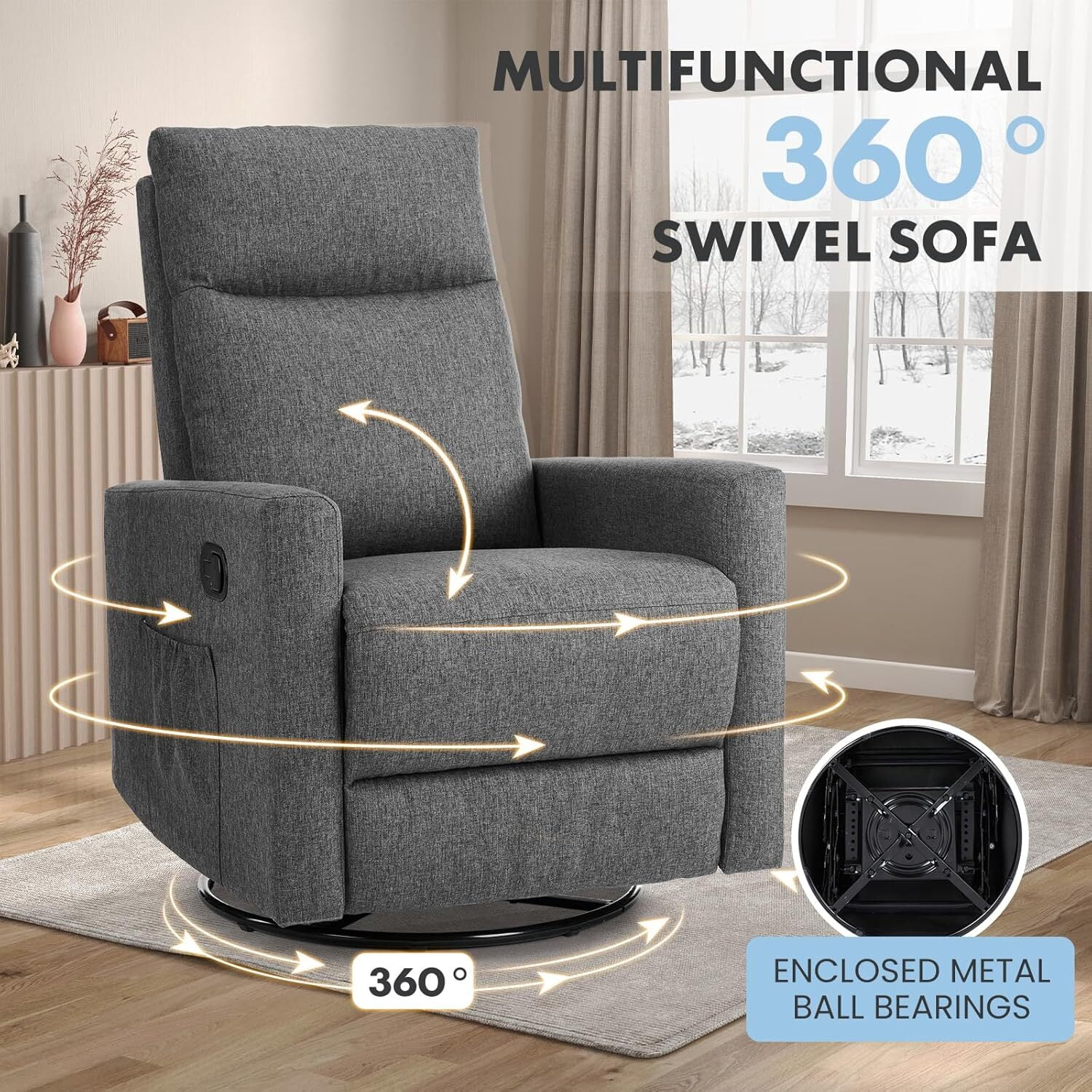 AENKYO Recliner Chair Swivel Rocking for Living Room, Glider Rocker with Extra Large Footrest - Gray