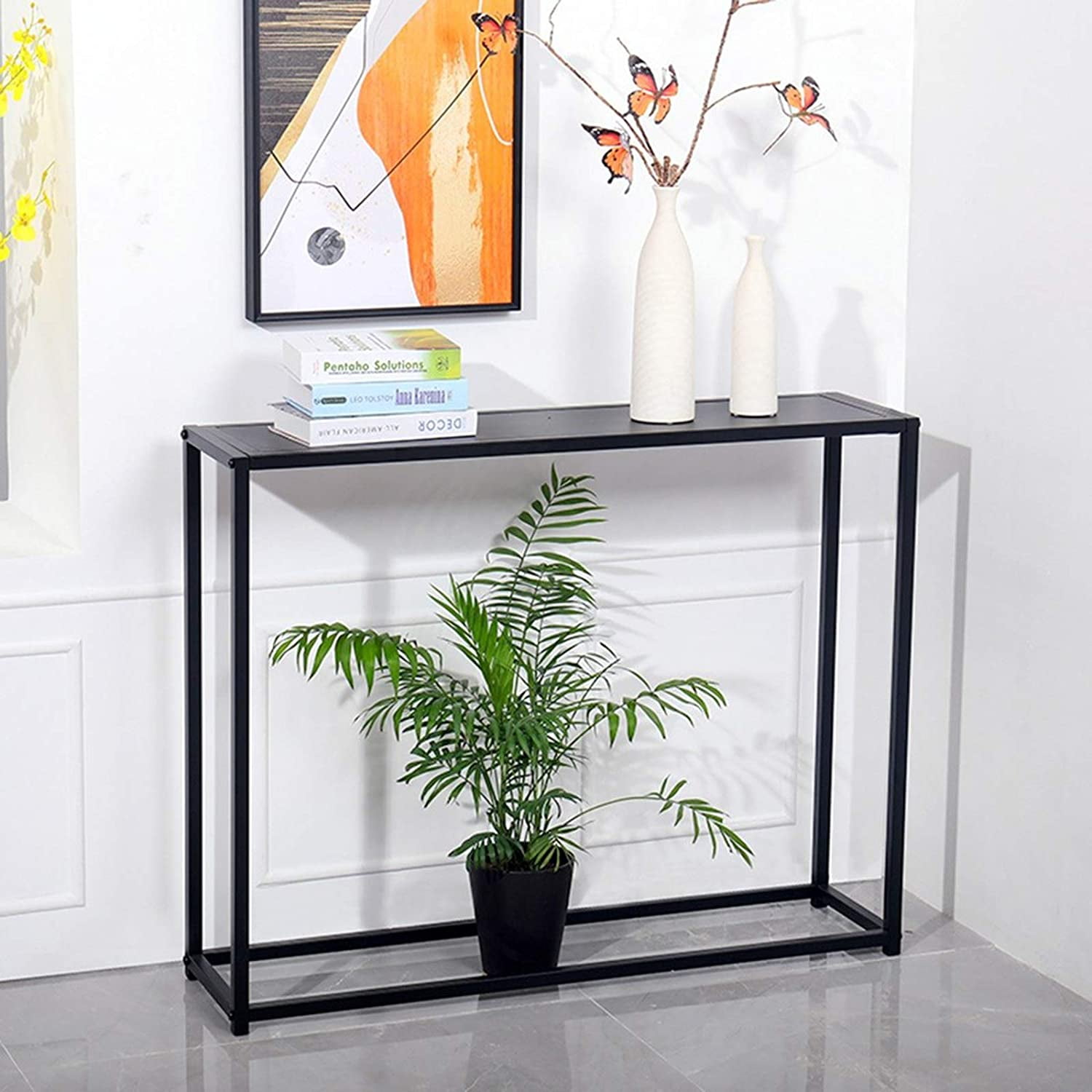 Contemporary Sleek Design Glass Console Table with Shelves and Black Metal Frame 