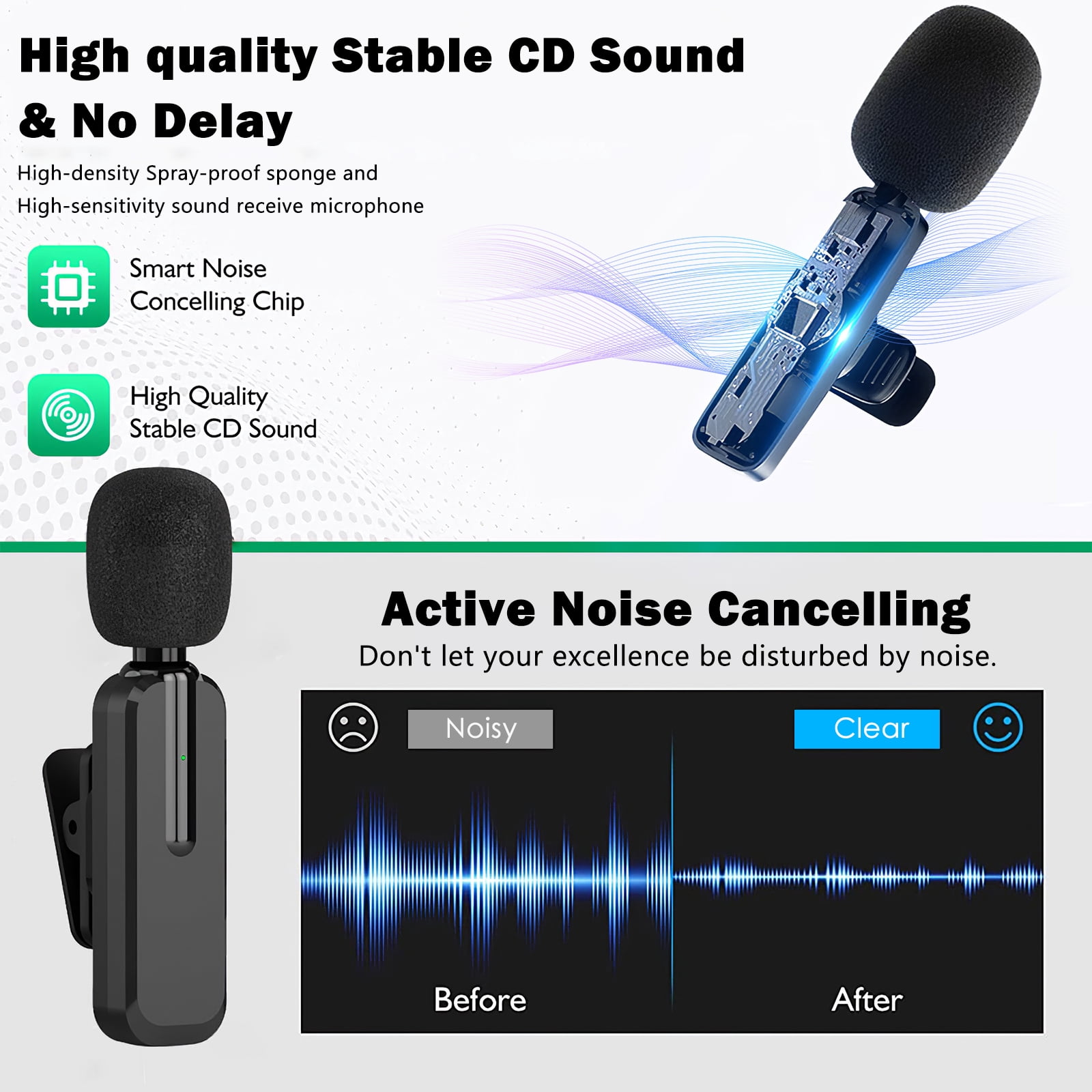 3 in 1 Wireless Mini Lapel Microphone Compatible with iPhone iPad Android Camera for Audio Video Recording Tiktok YouTube Podcast Vlog, Black