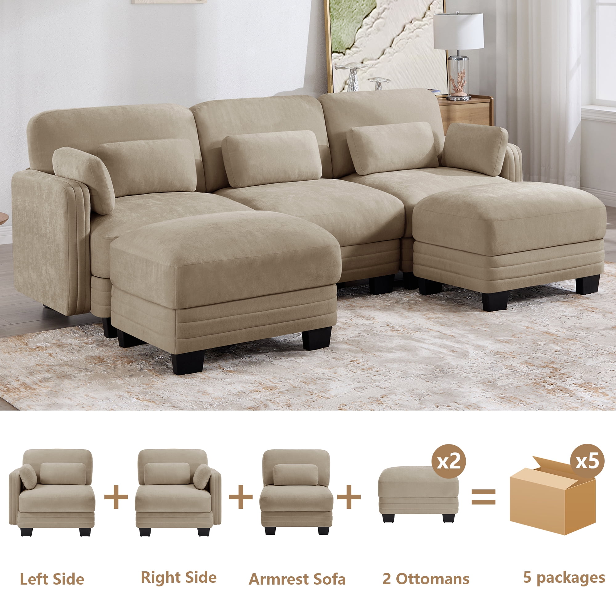 100" U-shaped Tufted Modern Modular Sectional 3 Seater Sofa Couch with 2 Ottomans and 5 Pillows