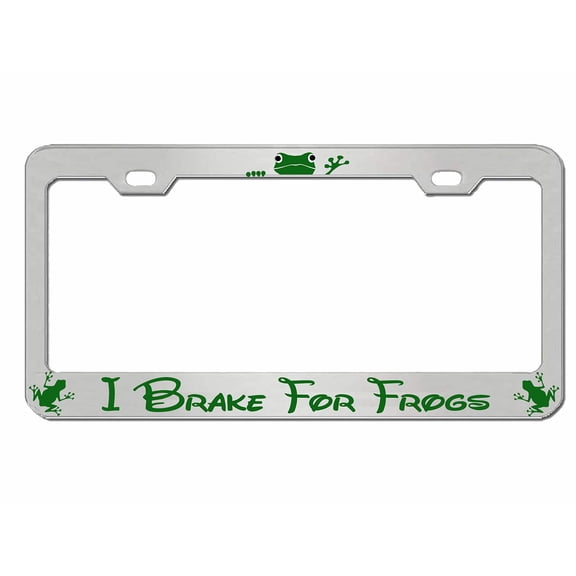 I Brake for Frogs Style Metal License Plate Frame Personalized/Car Accessories Car Tag Holder Cover (Chrome/Green)