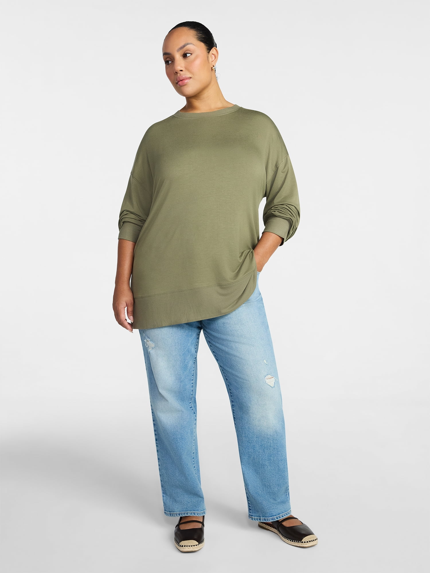 Time and Tru Women's French Terry Tunic Top with Long Sleeves, Sizes XS-XXXL