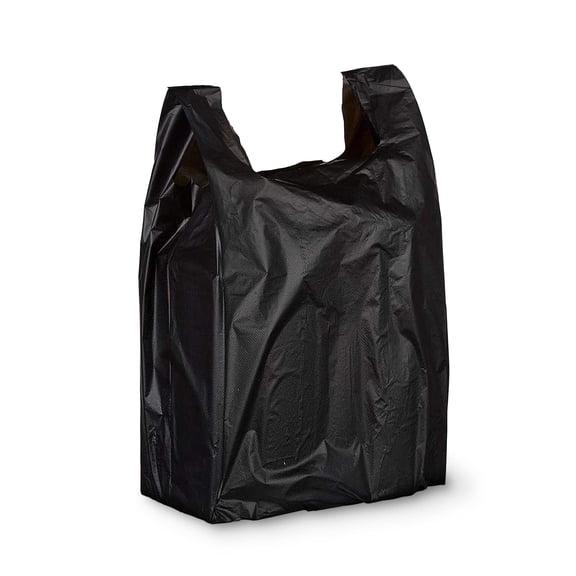 Pack of 500 Mini Jumbo T-Shirt Plastic Bags 16 x 8 x 26. Black Shopping Bags. Thickness 18 Micron. Plain Carry-Out Bag 16x8x26. Handled Polyethylene Bag for Stores or Restaurants. Wholesale.