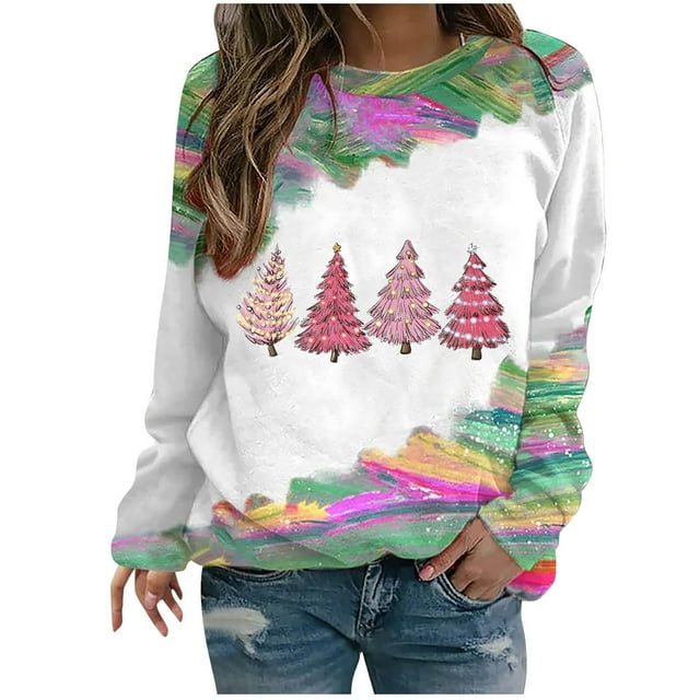 EQWLJWE Sapin de Noël Sweatshirts for Women Manches Longues Sweatshirts Col Rond Pull-Over Arbre de Noël Tops et Frais Verts Cravate Teint Raglan Manches Top Sweatshirts de Noël for Grande Taille pour Femme Tailles