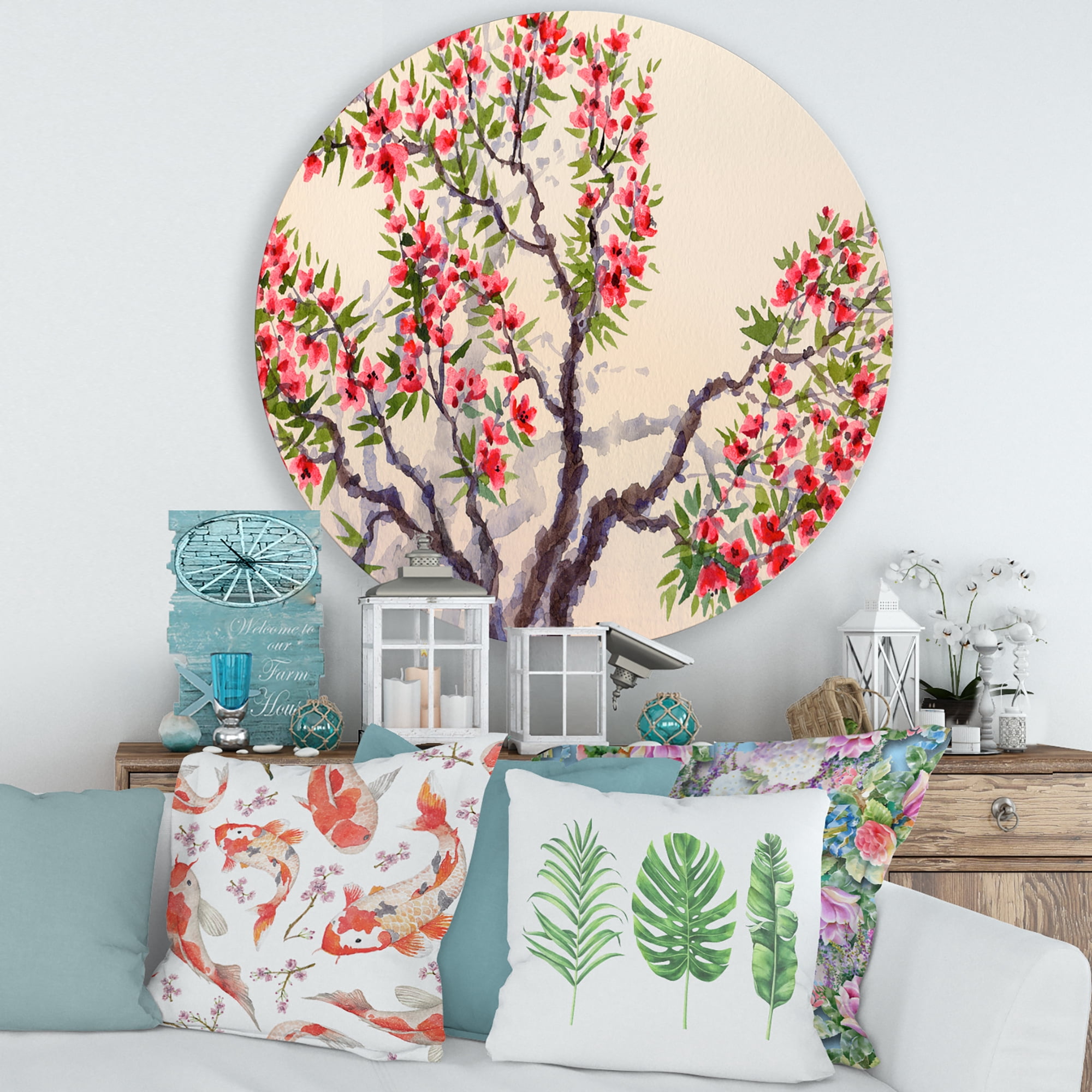 Designart 'The Blossoming Tree With Red Flowers I' Traditional Circle Metal Wall Art 36x36 - Disc of 36