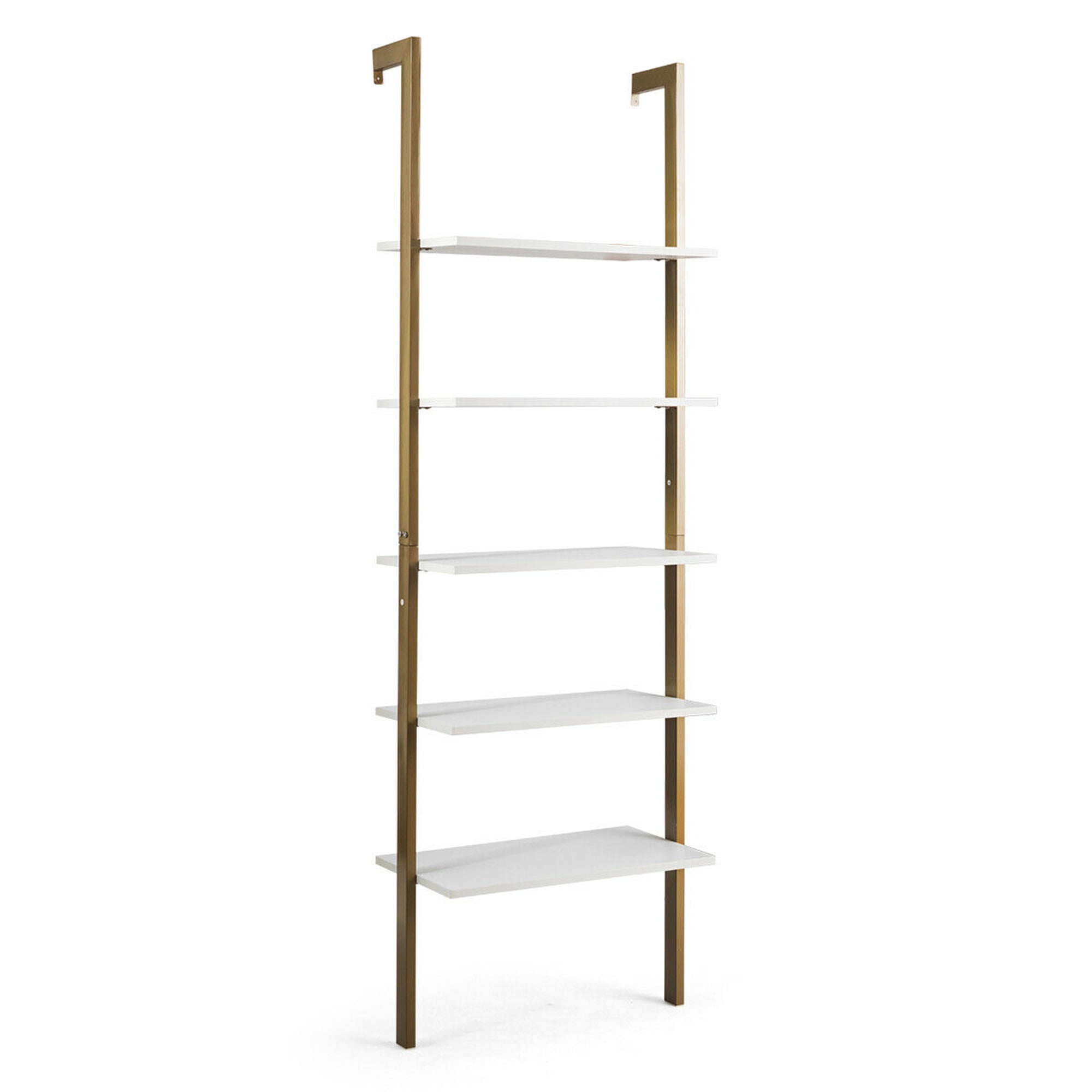 5-Tier Ladder Shelf Wood Wall Mounted Display Bookshelf Metal Frame Brown /&White