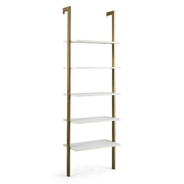 Gymax 5-Tier Ladder Shelf Wood Wall Mounted Display Bookshelf Metal Frame Bronze