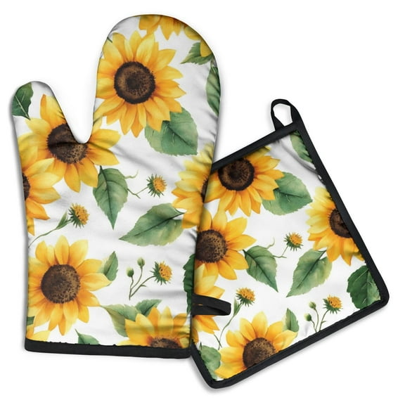 Sunflower Pattern Kitchen Oven Mitt and Pot Holder Sets 2 Pcs for Baking, Cooking and Grilling, Heat Resistant Up To 392 °F