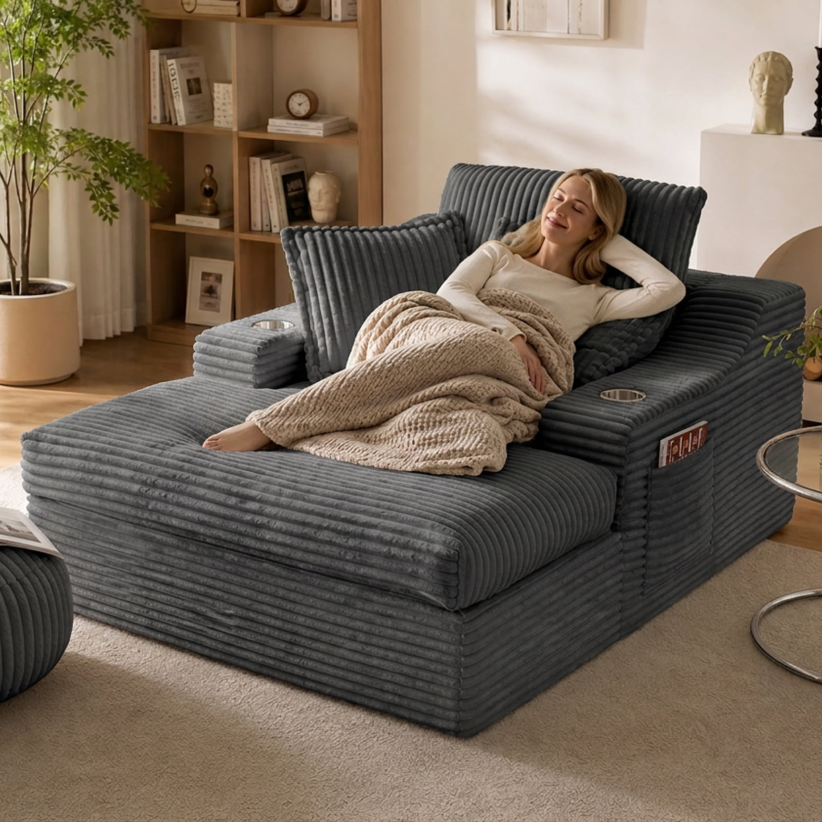 47" Wide Oversized Single Chaise Lounge Chair, 67'' Sleeper Sofa Bed with Cup Holders & 3 Pillows