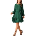 thumbnail image 4 of Vestidos de Otoño para Mujeres INSPIRE CHIC con Cuello Redondo, Manga Larga, Cintura con Cinta, Volantes, Vestido Corto Estilo Skater en Verde Oscuro, 4 of 5