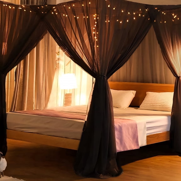 AUQ 2026 New Bed Canopy,Canopy Bed Curtains Bed Drapes for Full Queen King Size Bed,Mosquito Net Bed Curtains for Patio Indoor Outdoor Net,Black Bed Canopy Curtains,Halloween Decoration