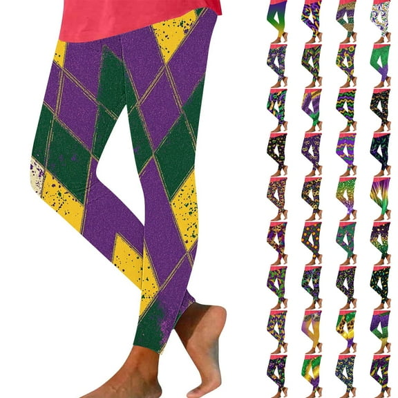 Meichang Women's Mardi Gras Leggings Mask Print Yoga Pants High Waist Stretchy Tights Mardi Gras Holdiay Party Leggings Carnival Workout Leggings for Women