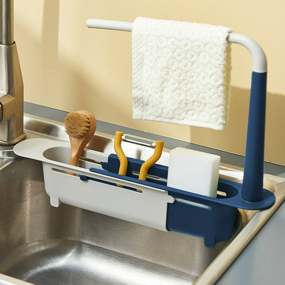 Niyofa Telescopic Sink Storage Rack with Dishcloth and Sponges Retractable Drain Rack with Drain Holes Removable Sink Organizer Expandable Storage Drain Basket for Kitchen Bathroom