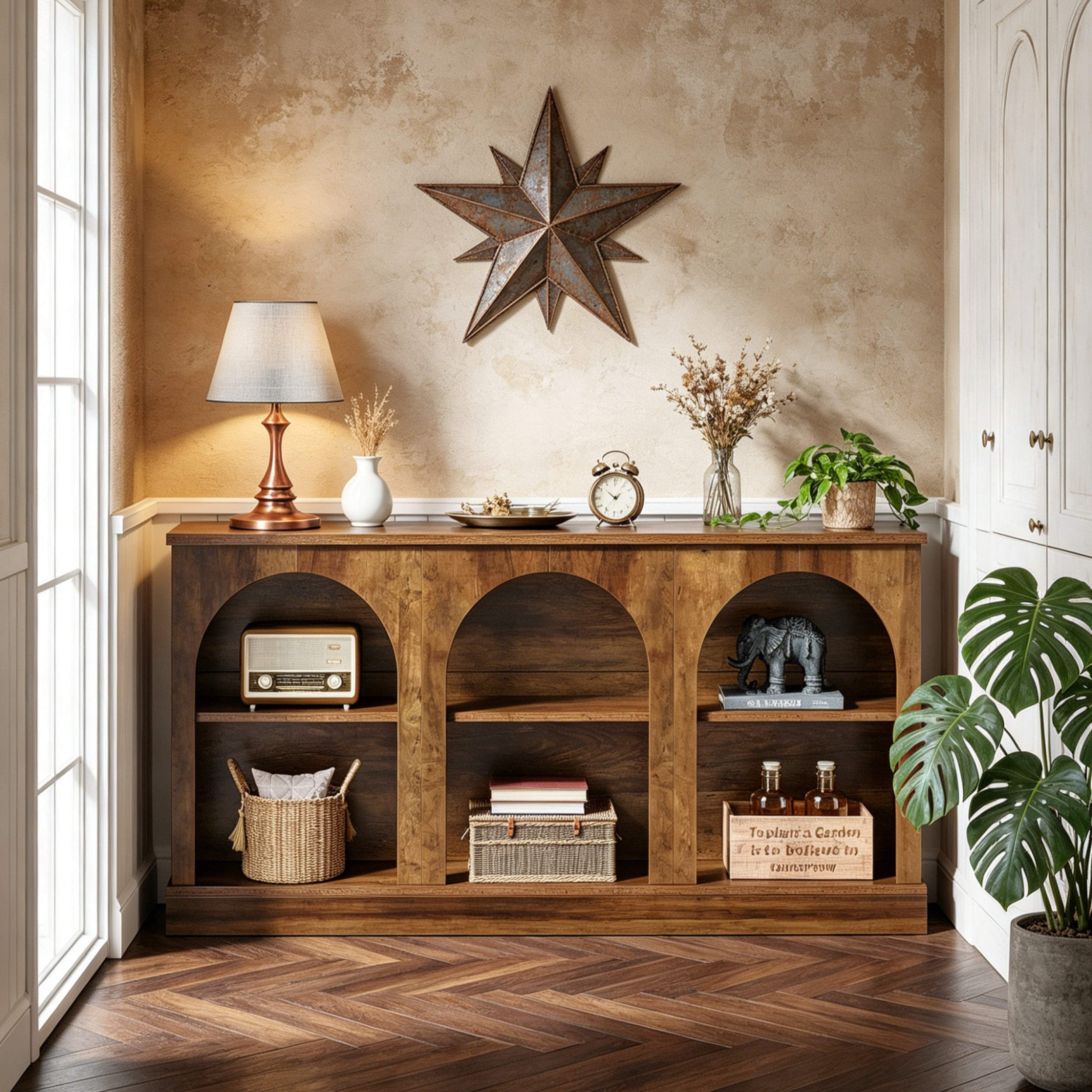 Fnova 63" Farmhouse Console Table, Wooden Entryway Table with 3-Tier Storage, Rectangular Sofa Table for Entrance, Hallway, Living Room, Behind Couch