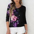 thumbnail image 4 of Women's V-Neck Floral Print 3/4 Sleeve T-Shirt, Cute Casual Blouse with Relaxed Fit for Plus Size Comfort and Stylish Everyday Wear,Black L, 4 of 5