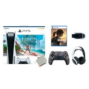 Sony Playstation 5 Disc Horizon Forbidden West Bundle with Extra Grey Camo Controller, White PULSE 3D Headset, The Last of Us Part I and Camera