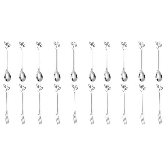 10Spoon 10Forks Stainless Steel Leaf Coffee Cake Spoon Fork Dessert Spoons, Stirring Teaspoon Set Silver