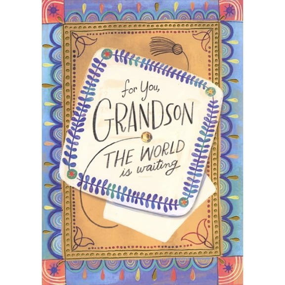 Designer Greetings The World is Waiting Square Banner Over Gold Dot Bordered Rectangle Graduation Congratulations Card for Grandson