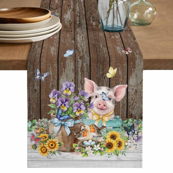 Farmhouse Floral Pig Table Runner 70 Inches, Spring Sunflowers Butterfly Brown Bed Runner Dresser Scarves Tabletop for Indoor Outdoor Parties/Ceremony/Banquet, 13" x 70"
