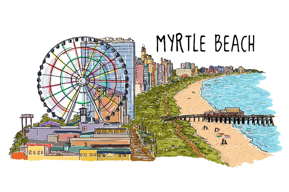 Myrtle Beach, South Carolina, Line Drawing (24x36 Giclee Gallery Art