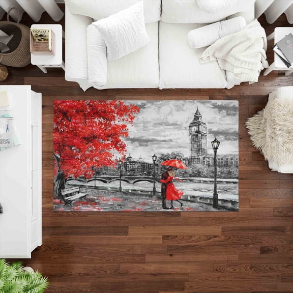 Red Leaves Rug, Salon Rugs, Landscape Rugs, Couple With Red Umbrella Painting Rug, Non-Slip Carpet Rugs, Rainy Day Rug, Salon Rug, Red Rug, 3.9'x5.9' - 120x180 cm