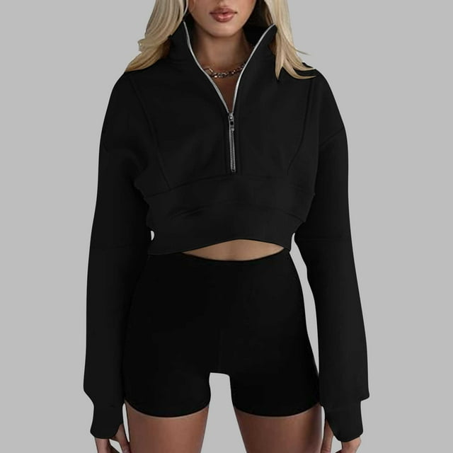 AherBiu Crop Tops pour Femmes en Polaire Demi-Zip Mode Automne 2024 Chandails en Molleton de Course avec Trou pour le Pouce