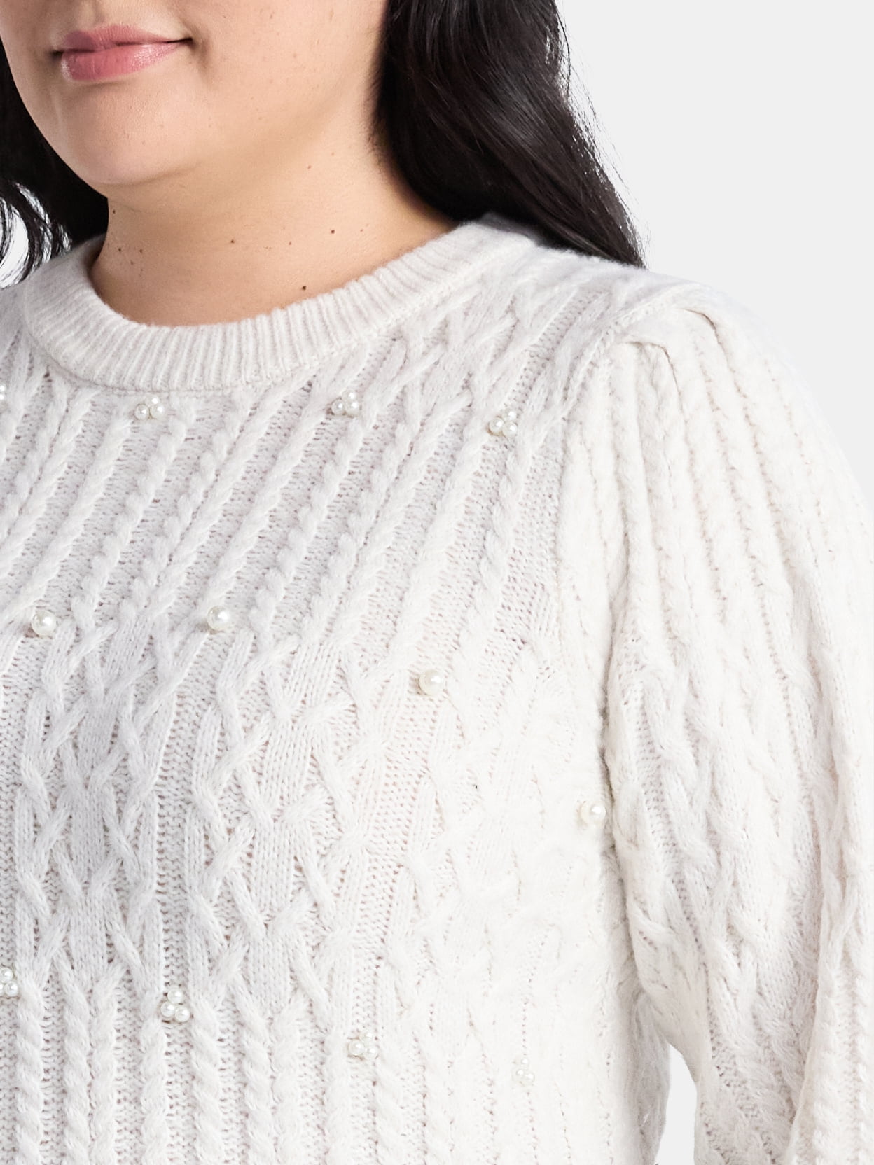 Terra & Sky Women’s Plus Cable Knit Sweater with Faux Pearls, Lightweight, Sizes 0X-5X