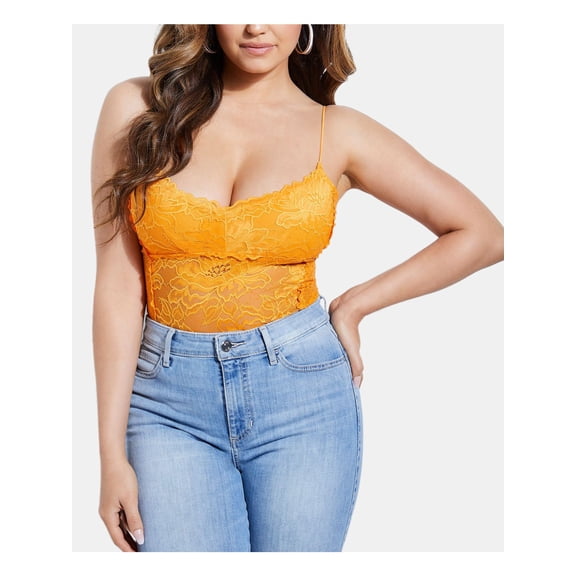 GUESS Womens Orange Lace Snap Closure Spaghetti Strap V Neck Body Suit Bodysuit XL