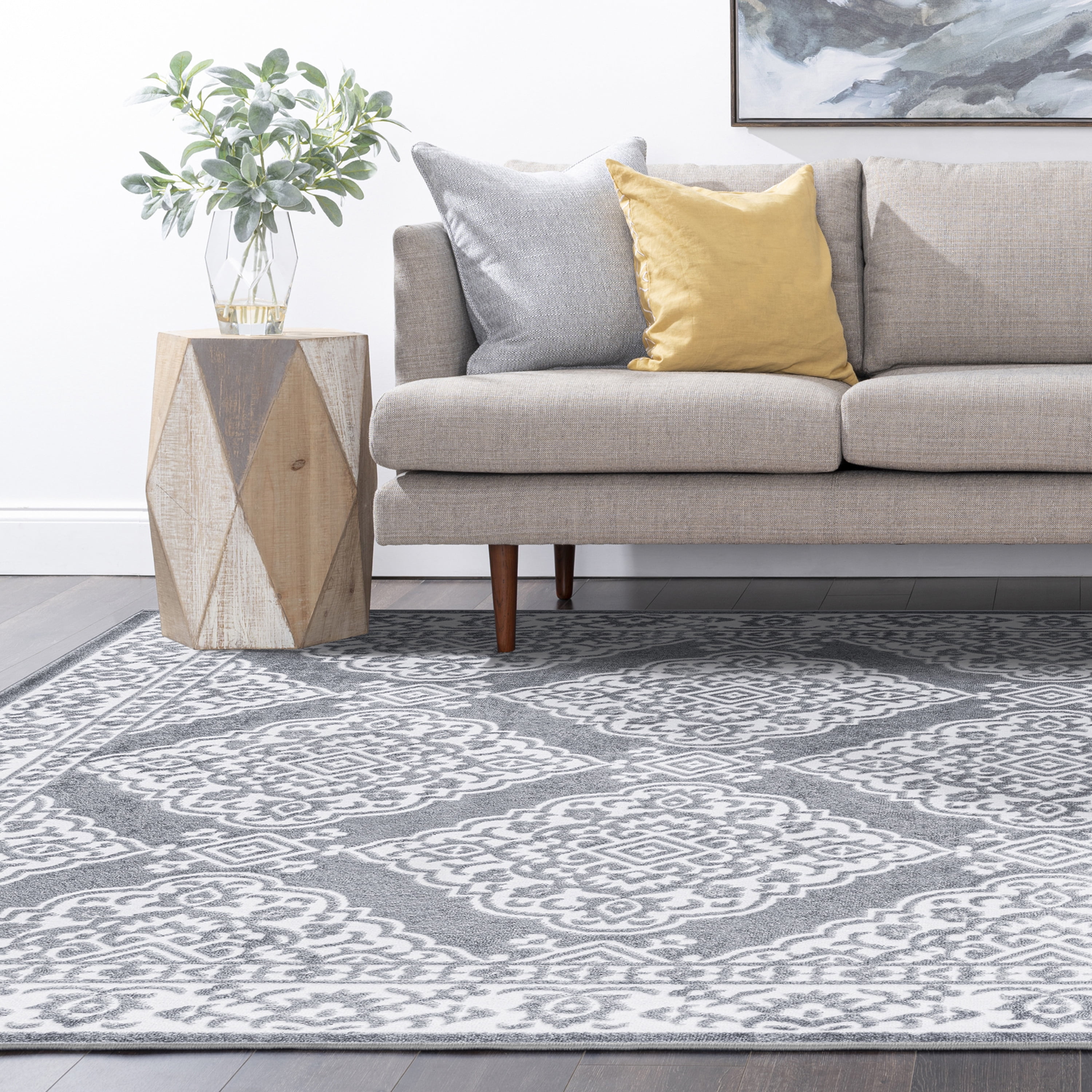 Transitional 9x12 Area Rug (8'10'' x 12'2'') Floral Gray, White Living Room Easy to Clean