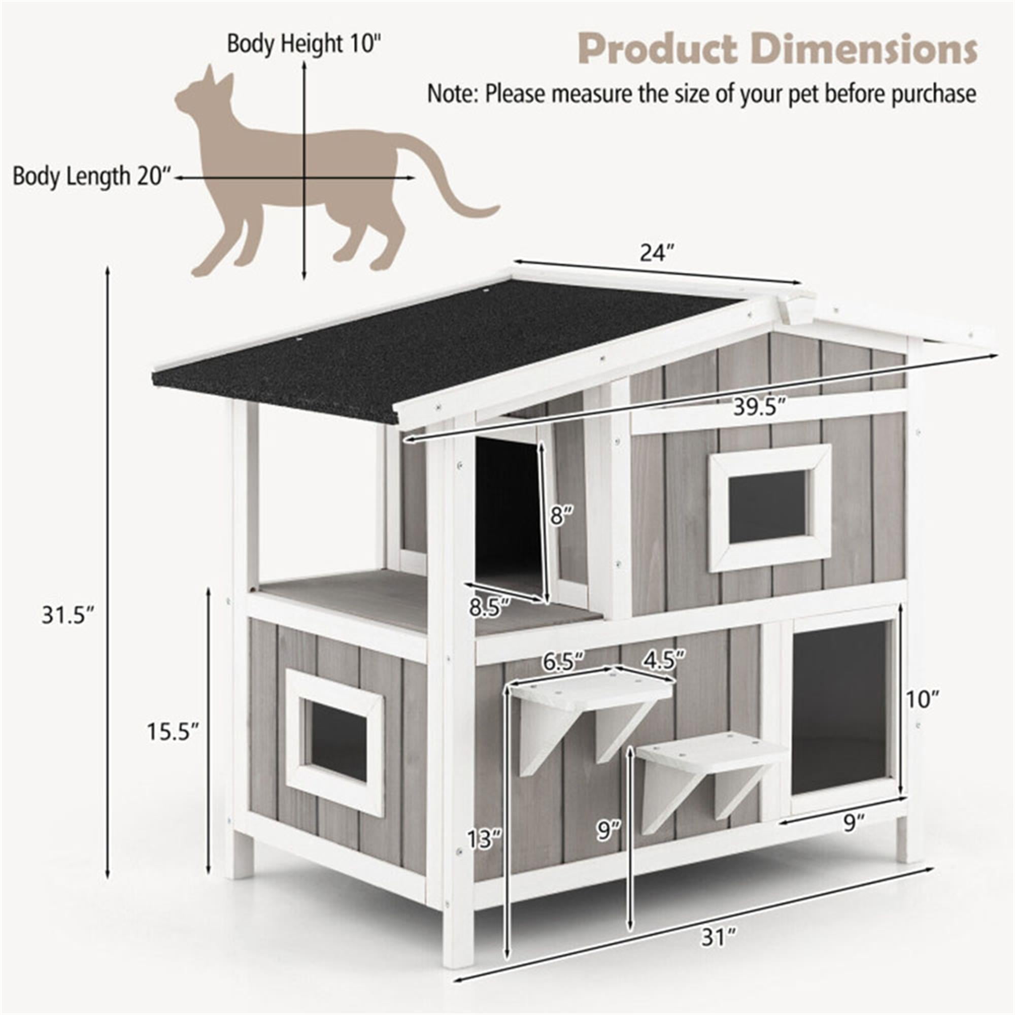 Kadyn 39" Outdoor 2-Story Cat House, Feral Cat Shelter with Escape Door, Rainproof Outside Kitty Condo for 3 Adult, Gray
