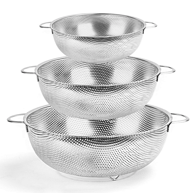 Ensemble de Passoire en Maille d'Acier Inoxydable, Acier Inoxydable Durable avec Passoire Micro-Perforée pour Drainage Optimal, 3 Ensembles de Poignées Équilibrées pour une Prise Confortable en Argent