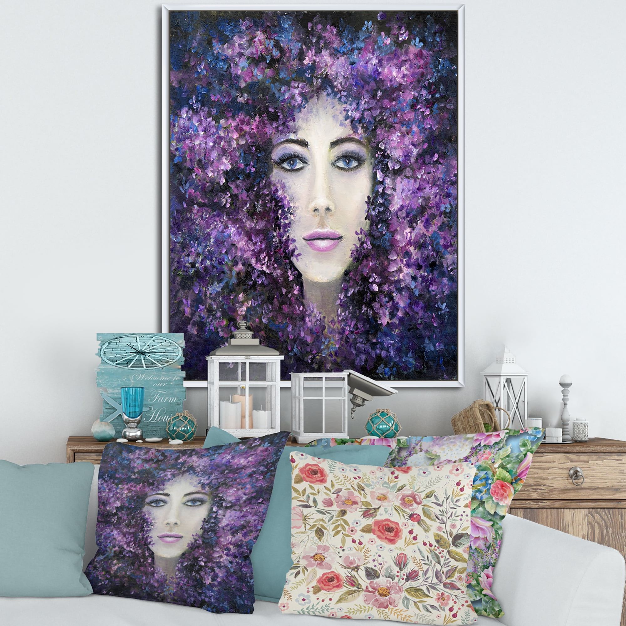 Designart 'Portrait of A Lady With Purple Lavender Flowers' Modern Framed Canvas Wall Art Print