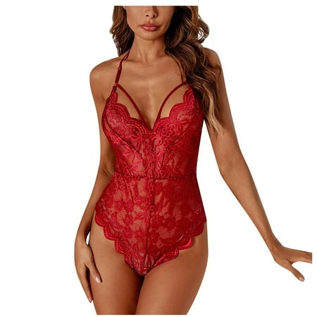 

Qcmgmg Womens Bodysuit Lace Hollow Out Sexy Babydoll Wine Red Strappy Teddy Lingerie Wine Red 2XL