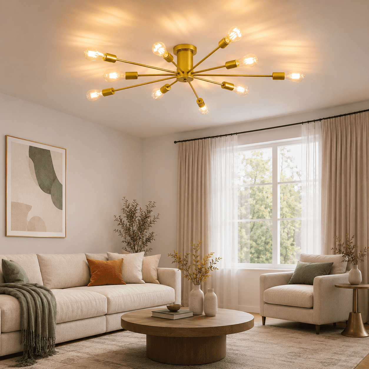 Garwarm 10-Light Gold Sputnik Chandelier, Modern Semi Flush Mount Ceiling Light, Industrial Ceiling Lighting Fixture for Dining Room, Living Room, Bedroom, Kitchen, Foyer