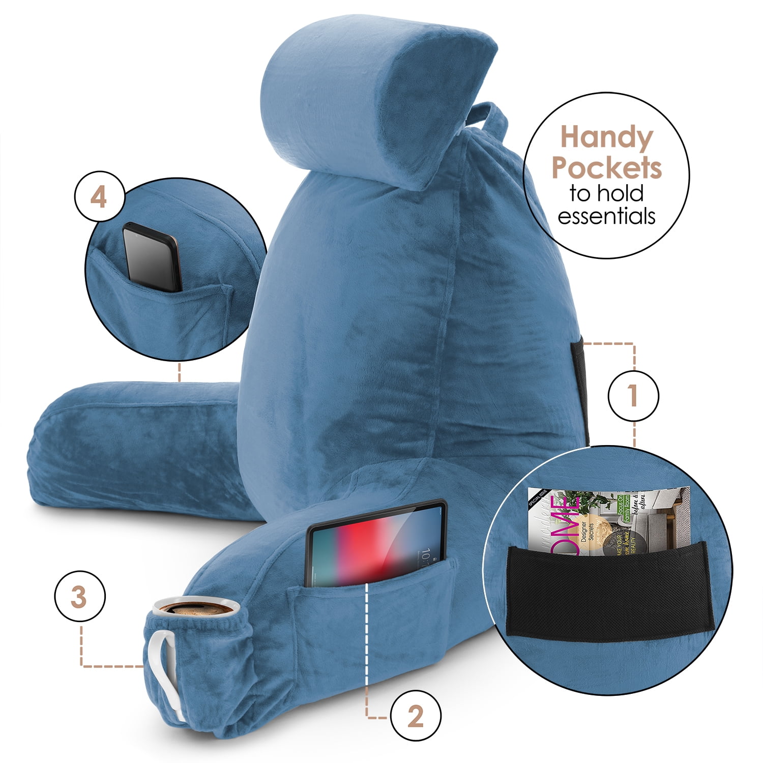 LAMMALOE Reading Pillow , Backrest Pillows with Arms, Plush Back Pillow Detachable Neck Roll, Shredded Memory Foam Bed Rest Pillow, Large, Blue Heaven