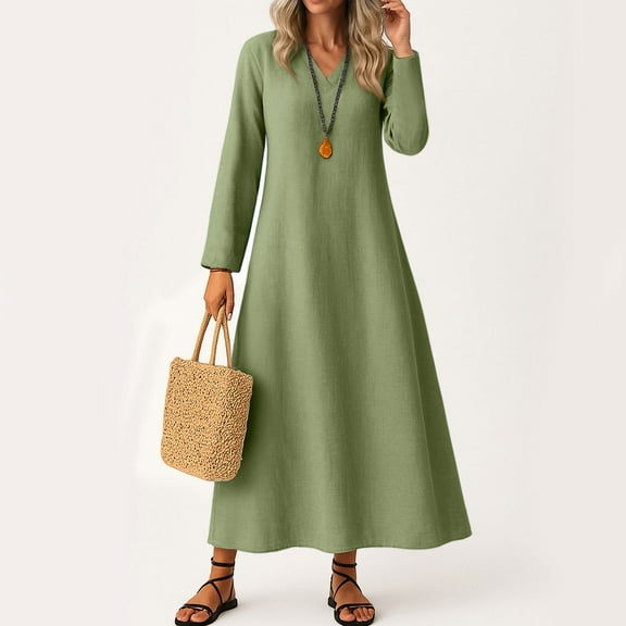 UoCefik Womens Linen Summer Dresses Loose Fit Long Sleeve V Neck Maxi Long Dress Fall Flowy Sundress Elegant Casual Vacation Beach Dresses Wine S