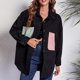 thumbnail image 2 of Camisa holgada de longitud media para mujer, chaqueta con botones de pana, abrigo de manga larga con paneles y hombros caídos, bolsillo de retales verde rosa M, 2 of 7