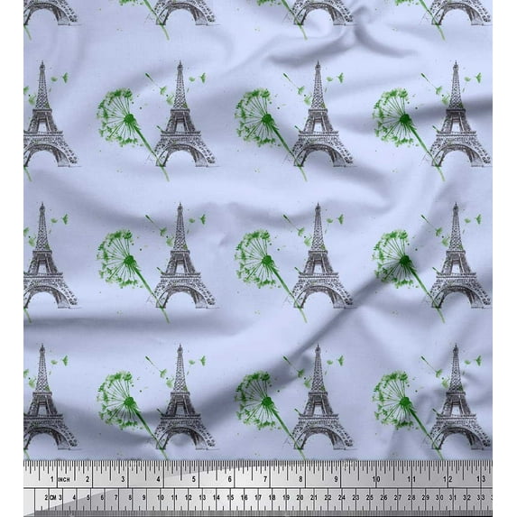 Soimoi Blue Cotton Duck Fabric Artistic Floral & Eiffel Tower Architectural Printed Craft Fabric by the Yard 42 Inch Wide