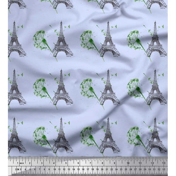 Soimoi Blue Cotton Duck Fabric Artistic Floral & Eiffel Tower Architectural Printed Craft Fabric by the Yard 42 Inch Wide