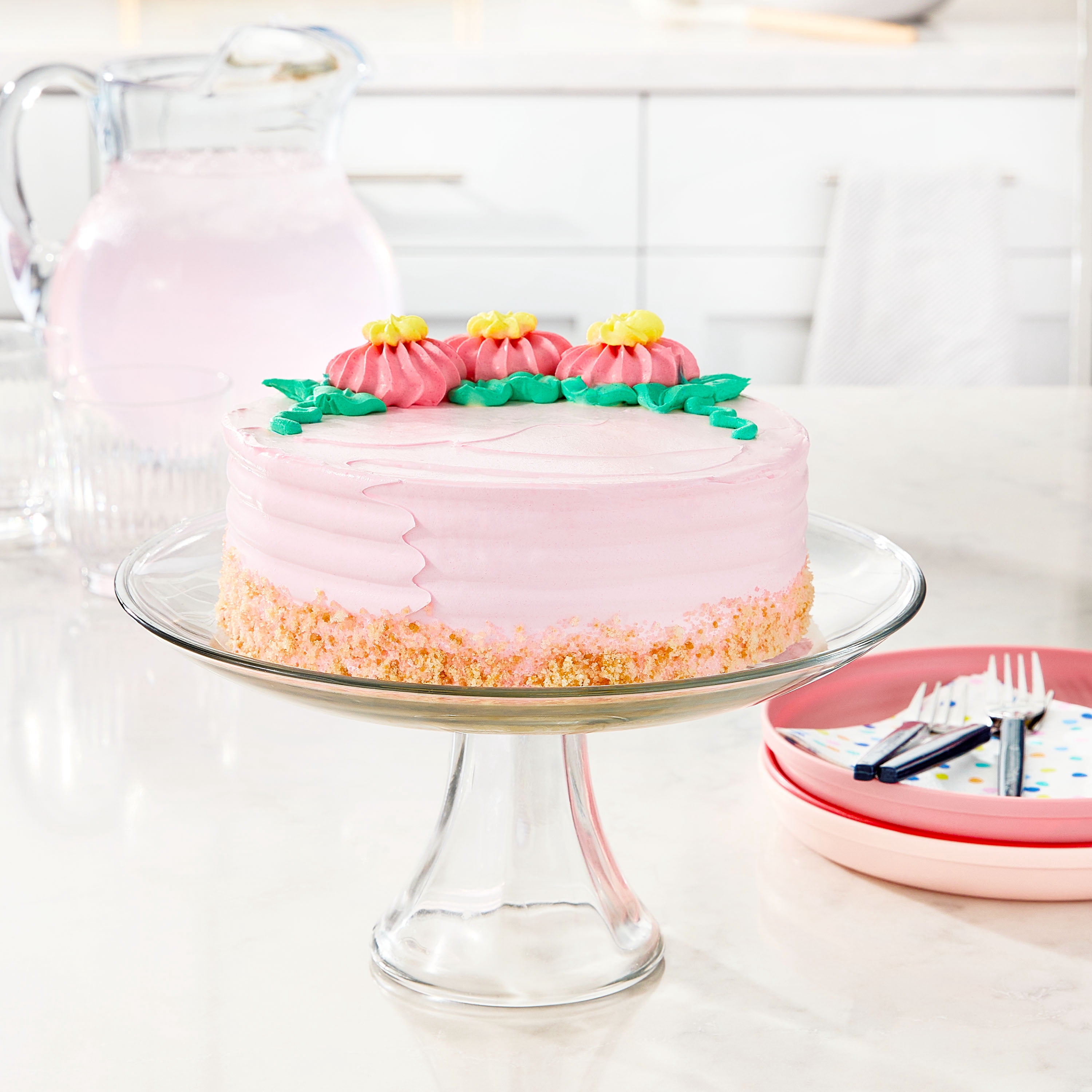 Freshness Guaranteed 7" White Cake with Pink Whipped Icing and Floral Details, 24.5 oz (Refrigerated)